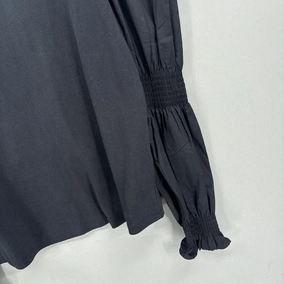 Veronica Beard Jeans Top XL Black Puff Sleeve Smocked Ruffle Cuff Ribbed Shirt